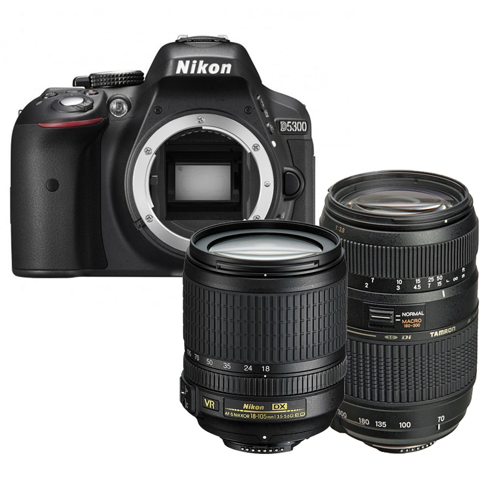 Nikon D5300 zwart + 18-105mm VR + Tamron 70-300mm Di LD Macro Nikon D5300 zwart + 18-105mm VR + Tamron 70-300mm Di LD Macro