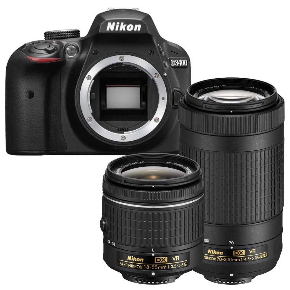 Nikon D3400 zwart + AF-P 18-55mm VR + AF-P 70-300mm VR Nikon D3400 zwart + AF-P 18-55mm VR + AF-P 70-300mm VR