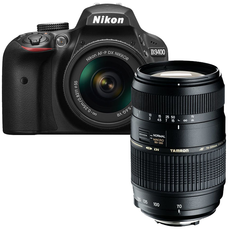 Nikon D3400 zwart + AF-P 18-55mm VR + Tamron 70-300mm Di LD Macro Nikon D3400 zwart + AF-P 18-55mm VR + Tamron 70-300mm Di LD Macro