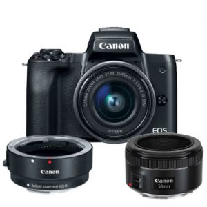 Canon EOS M50 zwart + 15-45 IS STM + 50mm F/1.8 + M-Mount Adapter